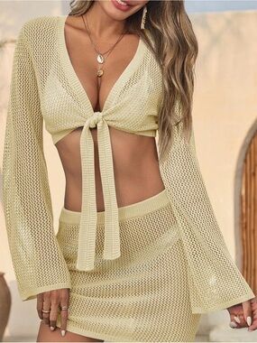 Fisoew NWT Beige Crochet Knit Tie Front Cropped Cardigan Shrug Medium Beach